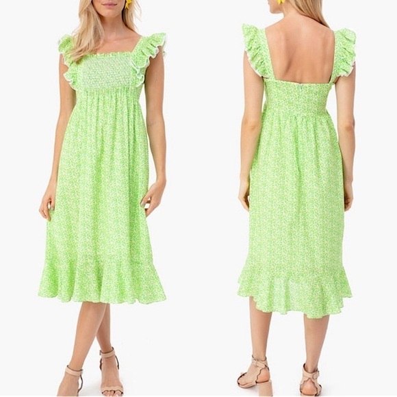 Tuckernuck Lemon Grove ruffle floral apron cotton midi dress green size medium - Picture 1 of 7